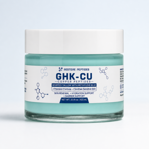 Jar of Restore Peptides GHK-Cu copper peptide whipped tallow cream with methylene blue, teal cream, white lid, blue label